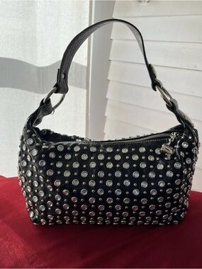 Kathy Van Zeeland Black Crystal Studded Shoulder Bag with Silver Accents
